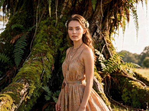A woman in a beautiful floral dress posing for the camera; soft selective focus; backdrop is an ancient tree, overgrown with moss and ferns