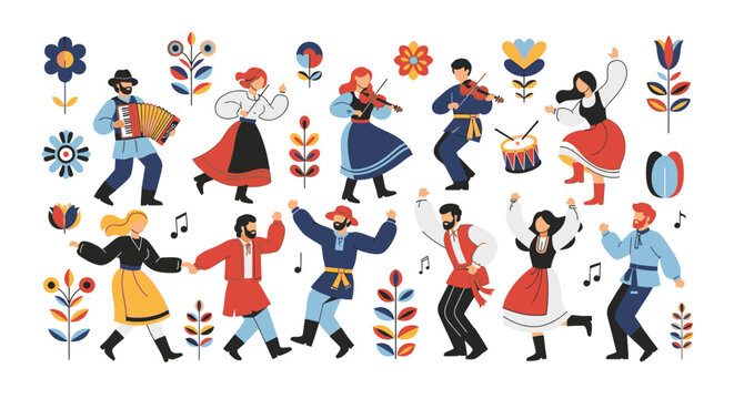 Traditional folk dancers in colorful costumes performing a lively dance with musical instruments and floral motifs