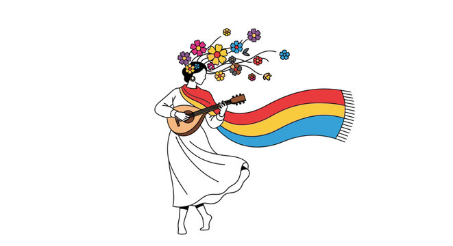 Whimsical illustration of a woman playing a mandolin with flowers and a colorful flag, celebrating culture and joy.