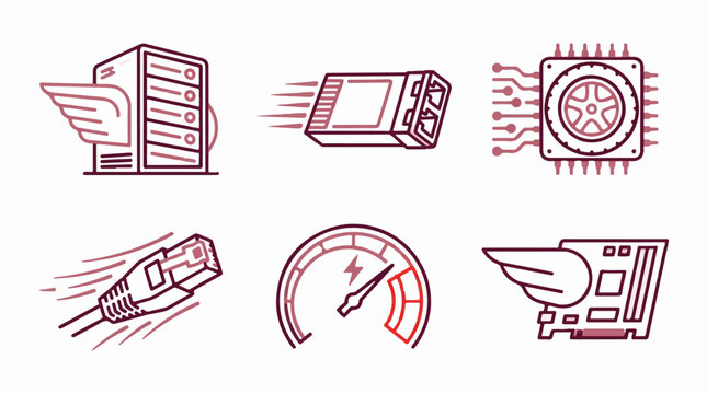 Set of computer hardware and network speed icons featuring server rack and ethernet cable with motion lines in a minimalist vector line art style