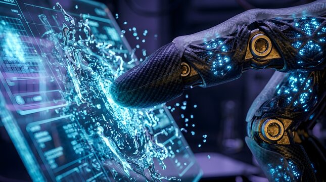 Futuristic Cybernetic Hand Engages with a Dynamic Holographic Data Interface, Visualizing Advanced Technology, Artificial Intelligence, and Human-Machine Interaction