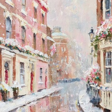 Oil painting depicting a charming London street scene during winter, snow falling on buildings and flowering balconies