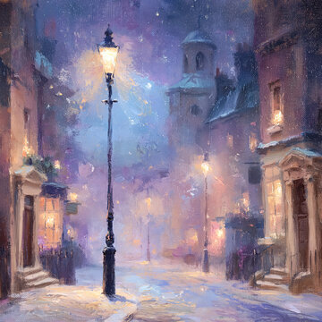 Old street lamp radiating a warm glow amidst falling snow on a nostalgic European city night
