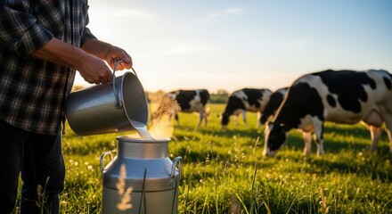 Farmer pouring fresh milk into a metal container on a dairy farm at sunset.