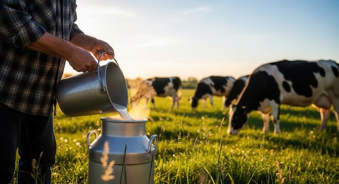 Farmer pouring fresh milk into a metal container on a dairy farm at sunset.