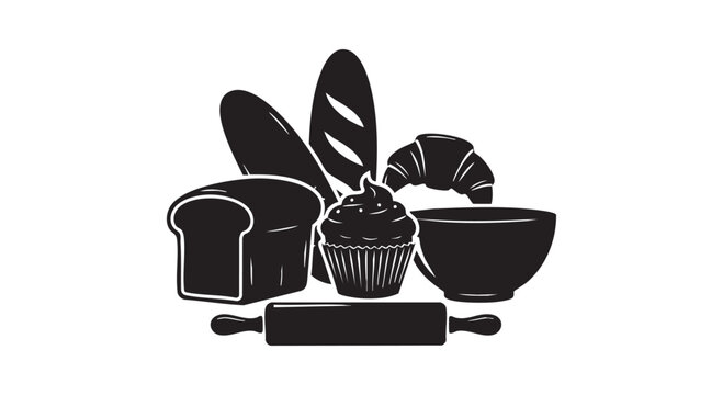 Bakery product composition featuring bread loaf and baguette and croissant and cupcake and rolling pin vector illustration.