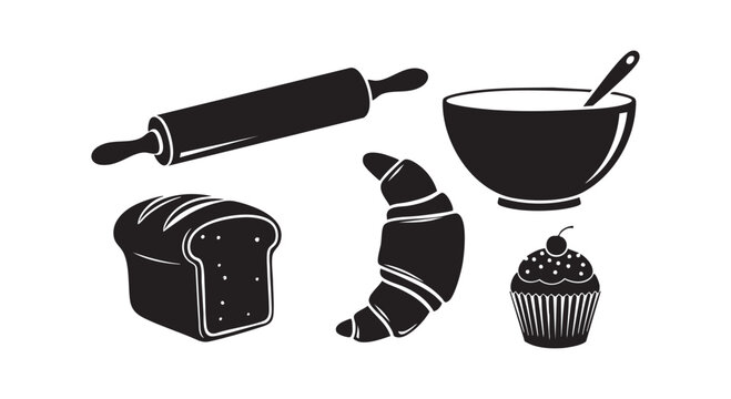 Baking pastry bakery cooking food kitchen utensils icon set with rolling pin bowl bread croissant cupcake.