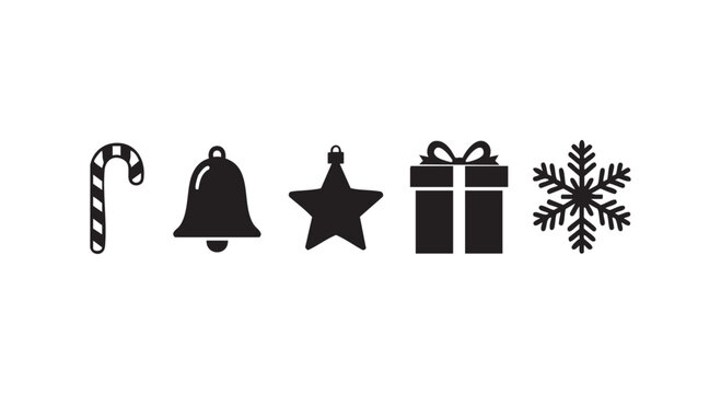 Christmas holiday symbols including candy cane bell star ornament gift box and snowflake festive decor.