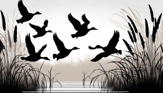 black silhouette flock of ducks flying over water with reeds