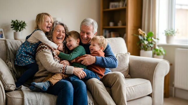 Joyful grandparents and grandchildren laughing together on a sofa at home