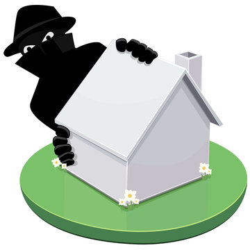 Vector artwork symbolizing home invasion, property theft, real estate scams, burglary risk, and the need for residential security systems, (cut out)
