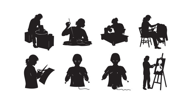 Creative hobbies silhouette collection depicting people doing pottery sewing knitting painting and paper cutting crafts.