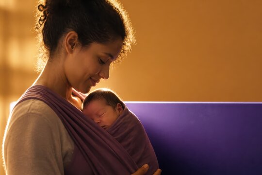 Tender mother holding a sleeping newborn in a purple wrap with warm indoor light and quiet family care