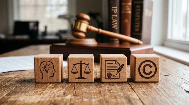 Four Wooden Blocks with Intellectual Property Icons on Rustic Table with Gavel and Law Books