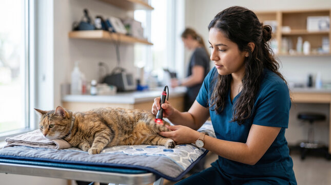 Female veterinarian in teal scrubs examines a tabby cat with a laser pointer on a table in a bright veterinary clinic with equipment and staff in the background