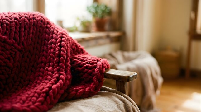 Red knitted blanket on a wooden chair in a cozy sunlit room interior