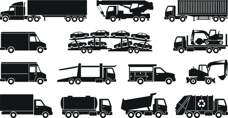 Set of various heavy-duty transport and industrial truck silhouettes for logistics, construction, and commercial shipping industry design. © Abida