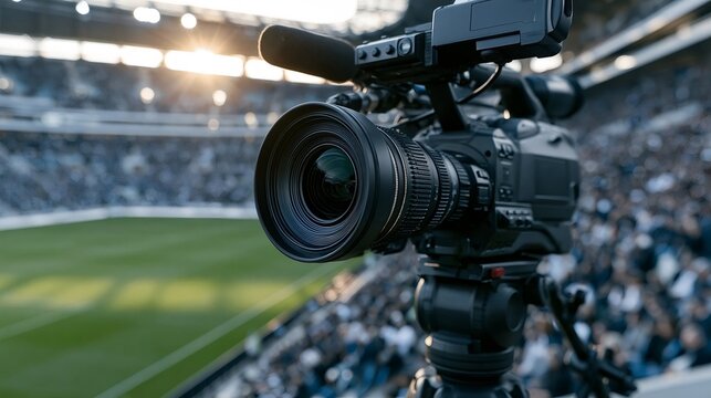 Professional video camera on tripod capturing live sports action in a crowded stadium, broadcasting high quality footage of the match to viewers worldwide during daylight competition