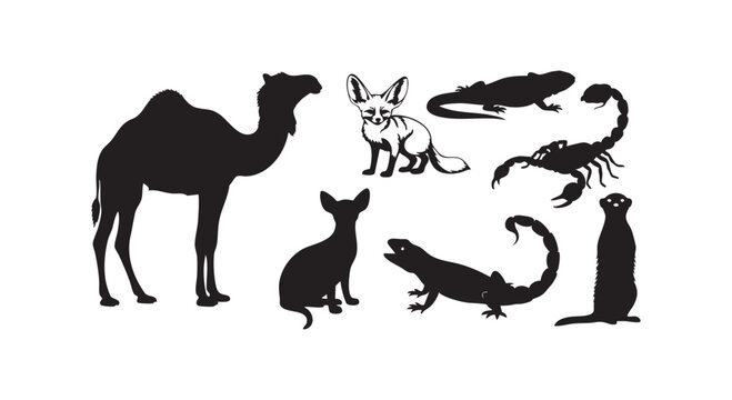Desert animals collection silhouette featuring camel fennec fox scorpion lizard and meerkat isolated on white background.
