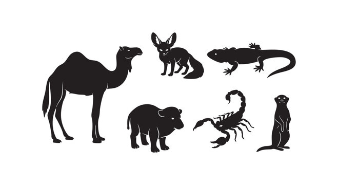 Desert animals silhouettes camel fennec fox lizard scorpion meerkat wild safari fauna fauna wildlife desert fauna collection.