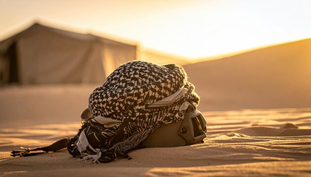 A military tactical helmet draped with a black and white shemagh scarf rests on desert sand during golden hour.