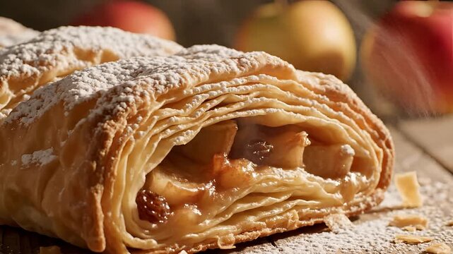 Delicious Homemade Apple Strudel Covered in Powdered Sugar.
