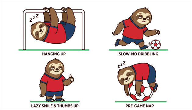 A humorous illustration depicting four cartoon sloths engaged in various lazy and slow soccer-related activities, including hanging, slow walking, smiling, and napping.