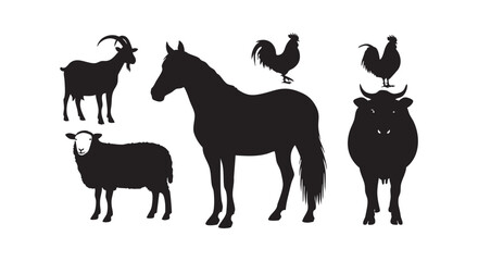 Fototapeta premium Domestic farm animals silhouette collection with horse goat sheep rooster and cow on white background vector illustration.
