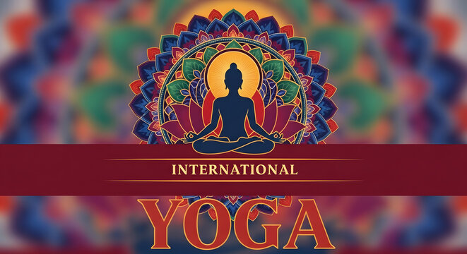International yoga day background banner with meditating buddha silhouette and colorful mandala pattern