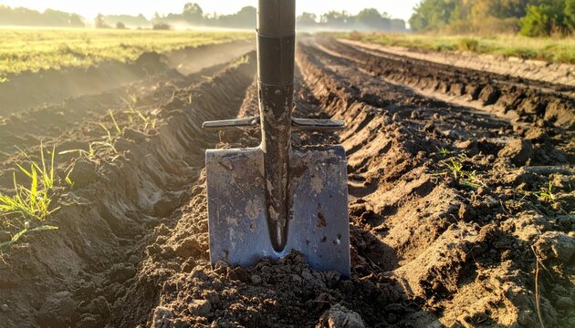 A muddy entrenching tool, firmly embedded in freshly dug soil with morning light illuminating the agricultural field.