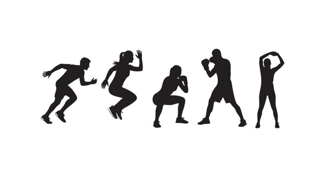 Dynamic fitness silhouettes of people exercising including running jumping squatting boxing and stretching activities.
