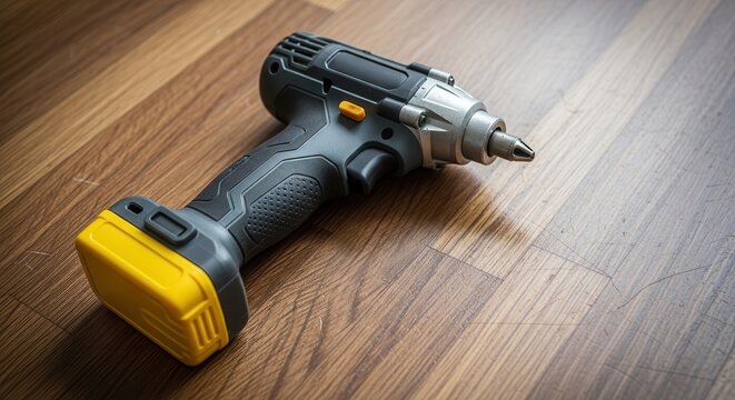 Cordless Power Drill on Wooden Floor.