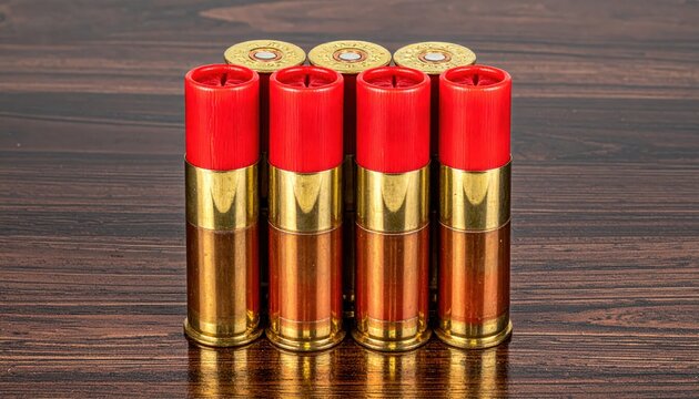 A neat arrangement of shiny red and brass 12-gauge shotgun shells on a dark wooden surface