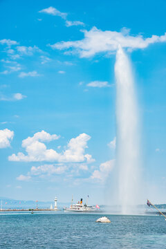 The fountain in lake Geneva in Switzerland on a sunny summer say