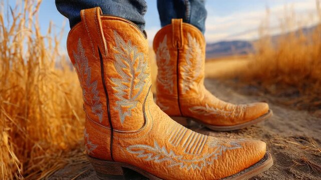 Slow motion tracking shot of cowboy boots stepping on dirt path in dry grassland at golden hour