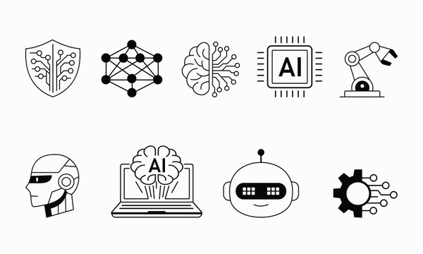 Set of ten black and white line icons representing artificial intelligence and robotics concepts, including brain, circuit board, robot, and neural network.