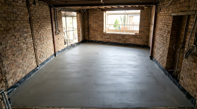 Newly Poured Concrete Screed Floor in Building Site | Home Renovation Project with Exposed Brick Walls | Industrial Construction Interior Work | Structural House Extension and Masonry Leveling