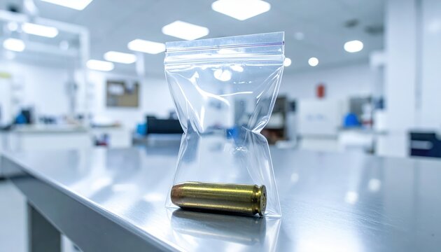 A single brass bullet casing sealed inside a clear plastic evidence bag on a laboratory table, representing forensic investigation.