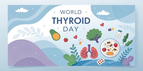 Fototapeta premium World Thyroid Day awareness banner with purple ribbon flowers