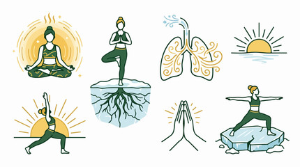 Obraz premium Yoga poses and wellness icons set featuring a woman in various positions with lungs and sun symbols in a minimalist flat vector illustration style