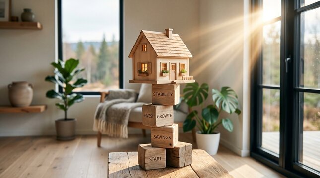 Miniature Wooden House on Stacked Blocks in Sunlit Room