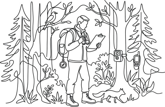 Wildlife Researcher Observing Nature in Forest with Camera Trap and Binoculars