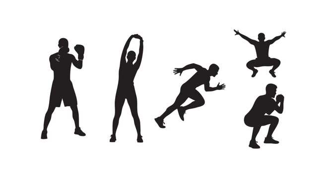Fitness exercise poses silhouette set including boxing stretching running and squatting isolated on white.