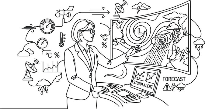 Weather Forecaster Presenting Storm Alert and Forecast with Meteorological Instruments