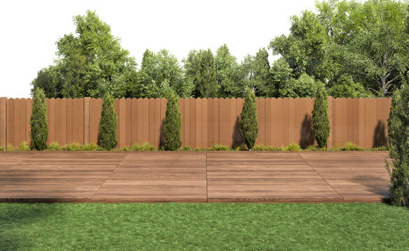 simple modern backyard fence with wooden deck and trees, 3D render