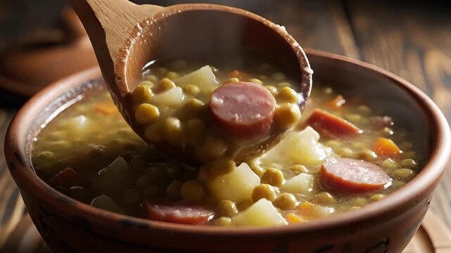 Hearty Split Pea Soup with Sausage and Potatoes Served in a Rustic Bowl.
