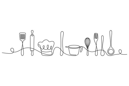 Continuous line drawing of chef cooking tools with utensils continuous minimalist restaurant culinary equipment preparation monochrome isolated homeware houseware dinnerware catering