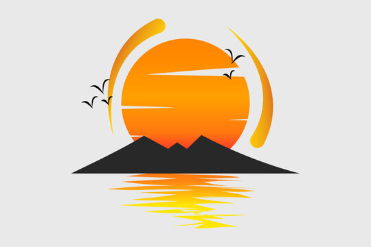Minimal Sunset Beach Landscape Logo with Orange Sun Reflection