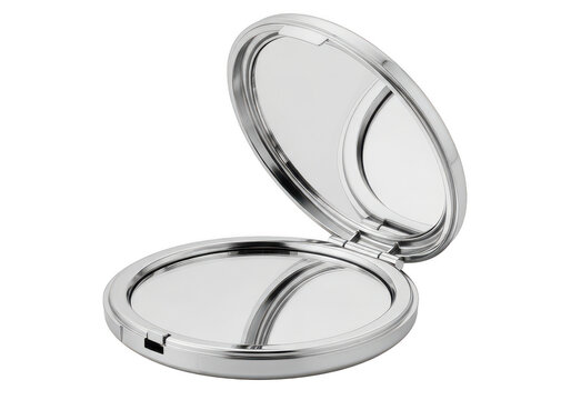 Elegant silver compact mirror with a clamshell design isolated on transparent background