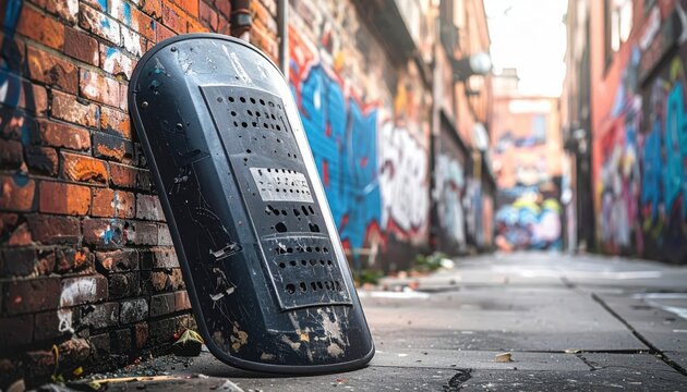 A worn police riot shield with scuff marks leans against a graffiti-covered brick wall in an urban alleyway, showcasing the stark contrast between security measures and street art.